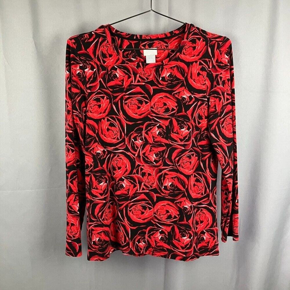 Chicos Floral Rose Print Shirt Size 1/M Whimsigoth Dark Romantic Vampire Boho